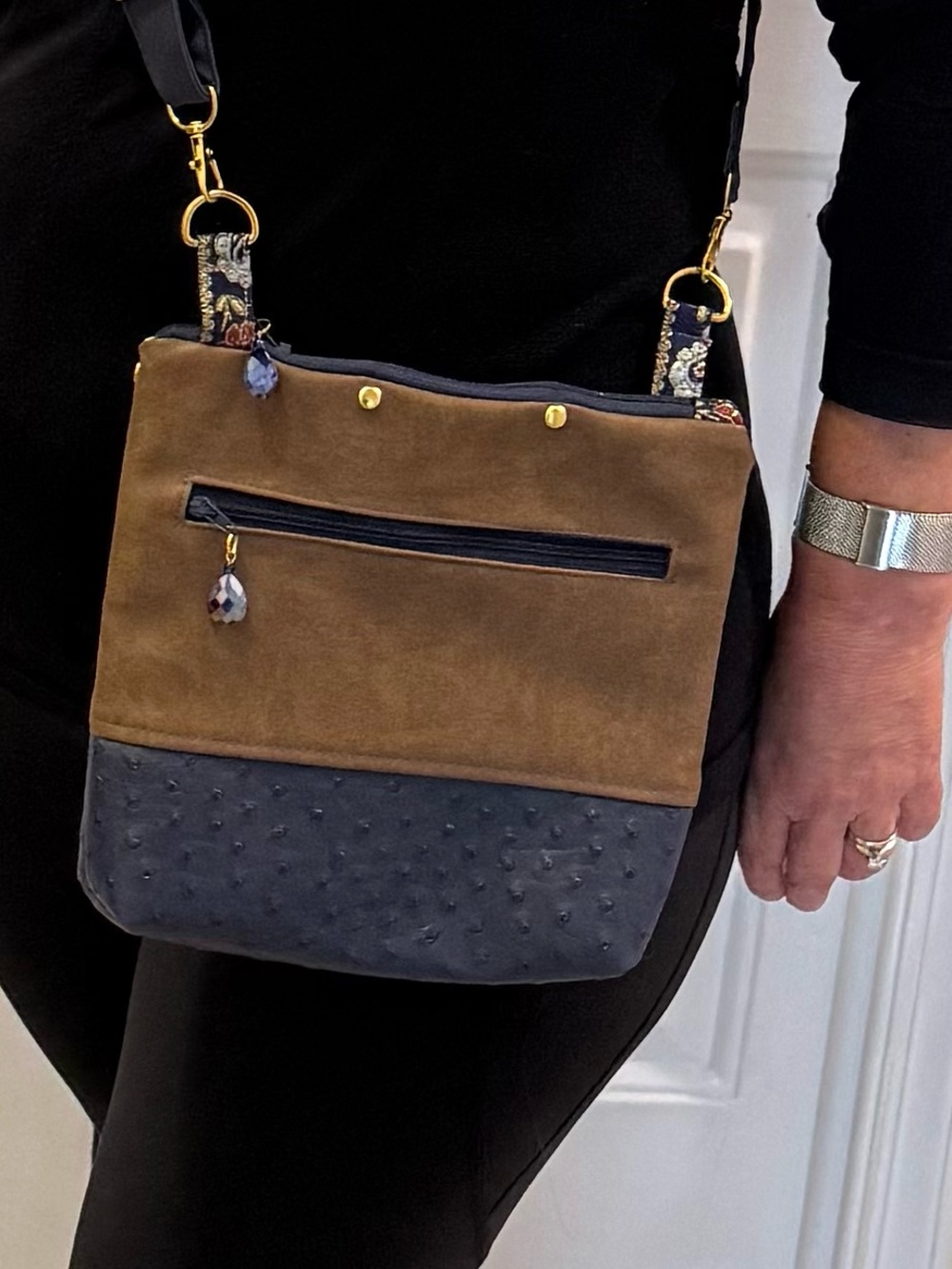 Artisan handmade crossbody bag two toned faux brown leather blue ostrich purse
